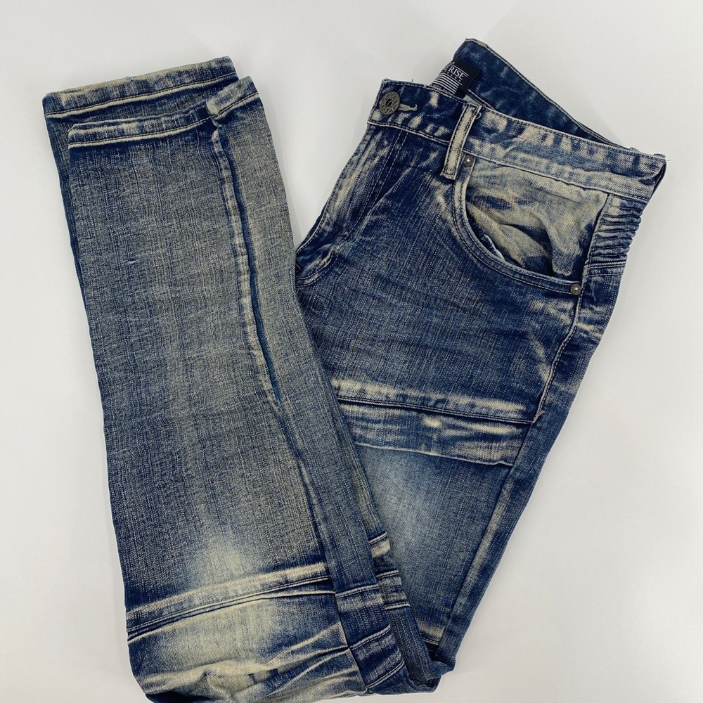 Smoke Rise Moto Biker Jeans Mens Tag 34x32 Fits 34x31 Blue Distressed Slim